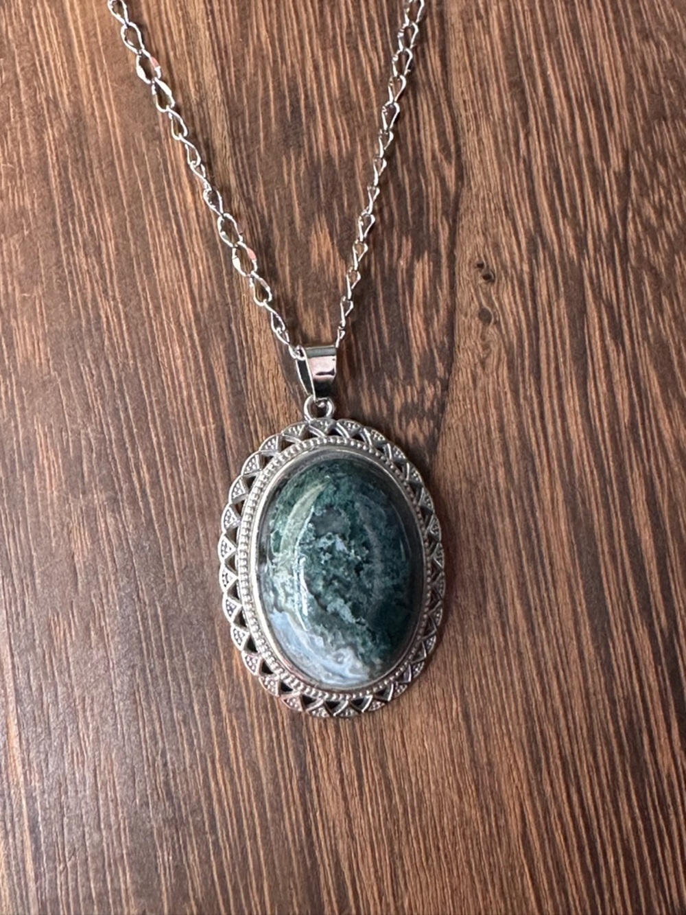 Silver-Tone Green Stone Oval Pendant Necklace - Women Jewelry - Picture 13 of 15